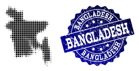 Geographic combination of dot map of Bangladesh and blue grunge seal imprint. Halftone vector map of Bangladesh created with square elements. Flat design for infographic purposes.のイラスト素材