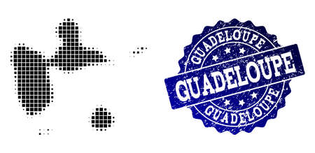 Geographic composition of dot map of Guadeloupe and blue grunge seal imprint. Halftone vector map of Guadeloupe designed with rectangular dots. Flat design for cartographic illustrations.のイラスト素材