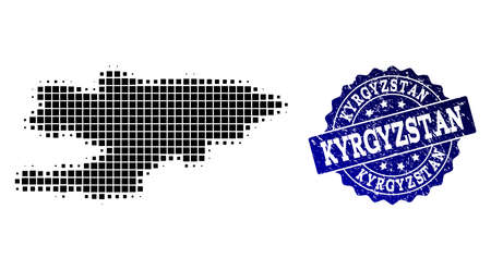 Geographic composition of dot map of Kyrgyzstan and blue grunge seal imprint. Halftone vector map of Kyrgyzstan designed with rectangular points. Flat design for patriotic posters.のイラスト素材