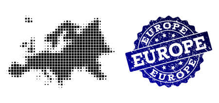 Geographic combination of dot map of Europe and blue grunge seal watermark. Halftone vector map of Europe designed with rectangle elements. Flat design for patriotic posters.のイラスト素材