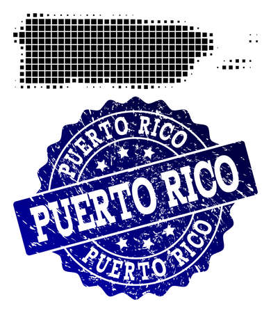 Geographic collage of dot map of Puerto Rico and blue grunge stamp watermark. Halftone vector map of Puerto Rico designed with rectangle pixels. Flat design for cartographic purposes.のイラスト素材