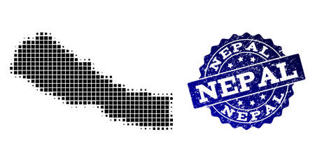 Geographic collage of dot map of Nepal and blue grunge stamp imprint. Halftone vector map of Nepal composed with rectangle elements. Flat design for cartographic illustrations.のイラスト素材
