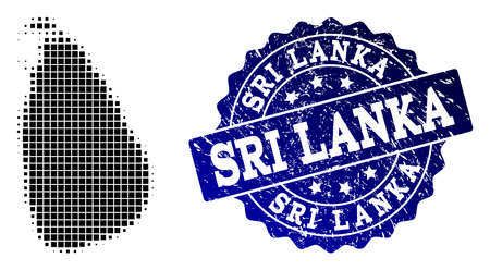 Geographic combination of dot map of Sri Lanka and blue grunge seal imprint. Halftone vector map of Sri Lanka designed with rectangular dots. Flat design for political posters.のイラスト素材