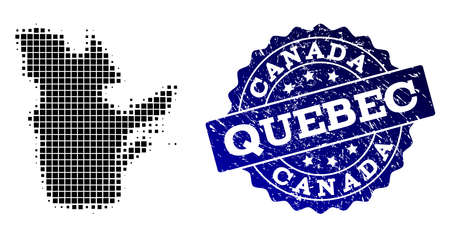Geographic collage of dot map of Quebec Province and blue grunge seal watermark. Halftone vector map of Quebec Province formed with rectangle elements. Flat design for patriotic posters.のイラスト素材