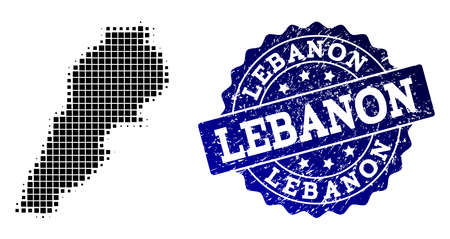 Geographic combination of dot map of Lebanon and blue grunge seal imprint. Halftone vector map of Lebanon created with rectangular elements. Flat design for patriotic illustrations.のイラスト素材