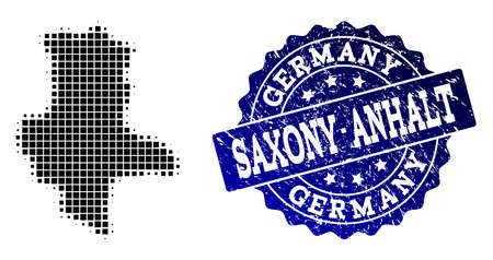 Geographic collage of dot map of Saxony-Anhalt State and blue grunge seal imprint. Halftone vector map of Saxony-Anhalt State formed with rectangular elements. Flat design for patriotic purposes.のイラスト素材