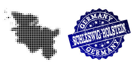 Geographic composition of dot map of Schleswig-Holstein State and blue grunge stamp watermark. Halftone vector map of Schleswig-Holstein State created with rectangle mosaic items.のイラスト素材