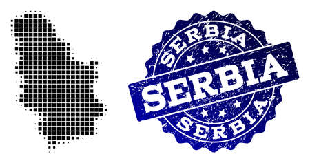 Geographic composition of dot map of Serbia and blue grunge stamp imprint. Halftone vector map of Serbia formed with square mosaic items. Flat design for patriotic posters.のイラスト素材