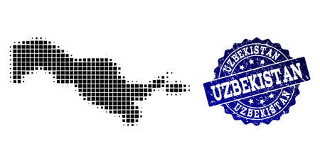 Geographic combination of dot map of Uzbekistan and blue grunge seal watermark. Halftone vector map of Uzbekistan created with rectangle pixels. Flat design for political purposes.のイラスト素材