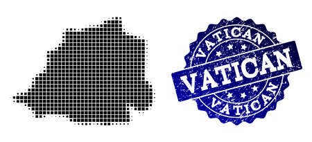 Geographic composition of dot map of Vatican and blue grunge seal stamp imprint. Halftone vector map of Vatican composed with rectangle mosaic items. Flat design for infographic posters.のイラスト素材