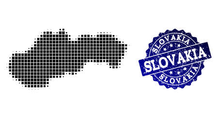 Geographic collage of dot map of Slovakia and blue grunge seal stamp imprint. Halftone vector map of Slovakia formed with square points. Flat design for cartographic illustrations.のイラスト素材