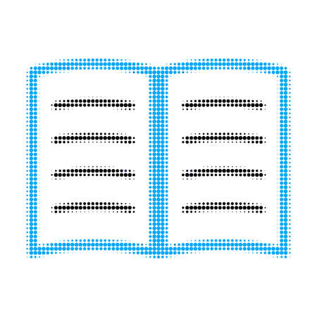 Open book halftone dotted icon. Halftone pattern contains round pixels. Vector illustration of open book icon on a white background.のイラスト素材