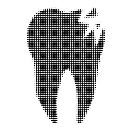 Cracked tooth halftone dotted icon. Halftone pattern contains round pixels. Vector illustration of cracked tooth icon on a white background.のイラスト素材