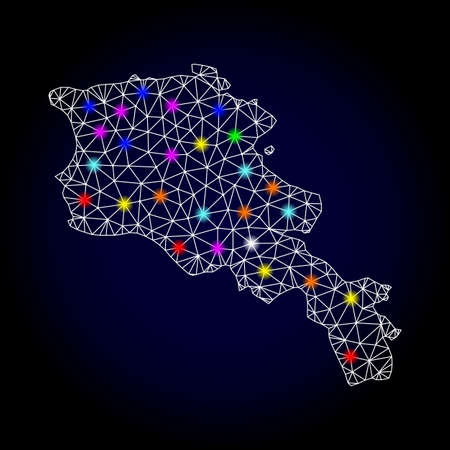 Glossy polygonal mesh map of Armenia with glow effect. Vector carcass map of Armenia with glowing multicolored spheres for Christmas posters. White mesh lines. Dark blue background.のイラスト素材