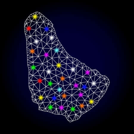 Glossy polygonal mesh map of Barbados with glare effect. Vector carcass map of Barbados with glowing multicolored dots for New Year posters. White mesh lines. Dark blue background.のイラスト素材