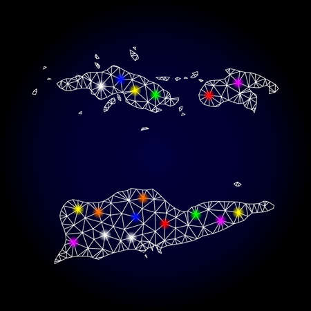 Glossy polygonal mesh map of American Virgin Islands with glare effect. Vector carcass map of American Virgin Islands with glowing multicolored dots for New Year posters. White mesh lines.のイラスト素材