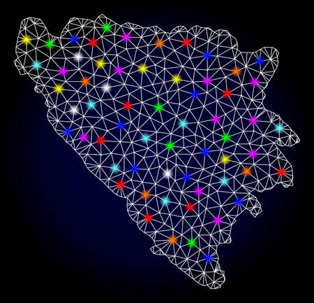 Glossy polygonal mesh map of Bosnia and Herzegovina with glow effect. Vector carcass map of Bosnia and Herzegovina with glowing multi colored dots for Christmas purposes. White mesh lines.のイラスト素材