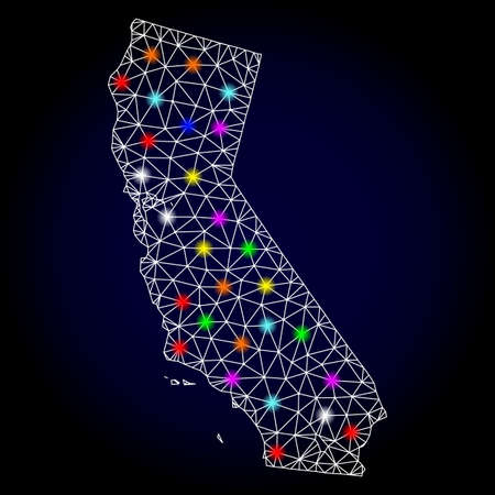 Glossy polygonal mesh map of California with glow effect. Vector carcass map of California with glowing colorful points for Christmas illustrations. White mesh lines. Dark blue background.のイラスト素材