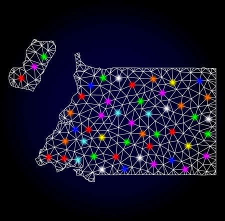Glossy polygonal mesh map of Equatorial Guinea with glare effect. Vector carcass map of Equatorial Guinea with glowing multi colored dots for Christmas purposes. White mesh lines.のイラスト素材