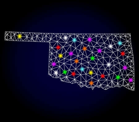 Glossy polygonal mesh map of Oklahoma State with glare effect. Raster carcass map of Oklahoma State with glowing multi colored points for New Year purposes. Abstract white mesh lines, triangles,の写真素材