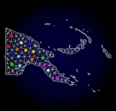 Glossy polygonal mesh map of Papua New Guinea with glare effect. Raster carcass map of Papua New Guinea with glowing multi colored points for Christmas templates. Abstract white mesh lines, triangles,の写真素材