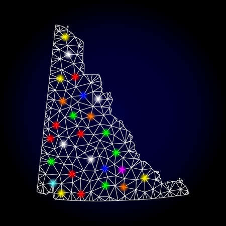 Glossy polygonal mesh map of Yukon Province with glow effect. Raster carcass map of Yukon Province with glowing multi colored points for Christmas posters. Abstract white mesh lines, triangles,の写真素材