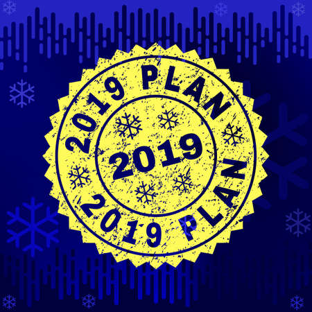 Grunge round 2019 Plan rosette stamp seal for 2019 winter. Vector 2019 Plan rubber seal imitation for New Year and Christmas purposes. Blue gradient background with snowflakes and transition effect.のイラスト素材