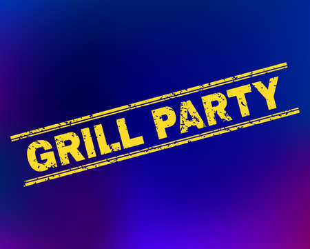 Grunge Grill Party stamp on complex gradient background. Vector Grill Party rubber seal imitation. Light yellow colored text between double parallel lines with grunge surface.のイラスト素材