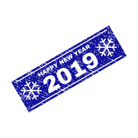 Grunge rectangle Happy New Year 2019 stamp seal with snowflakes and lines. Vector Happy New Year 2019 grunge stamp in winter style. Blue colored rectangle with scratced style.のイラスト素材