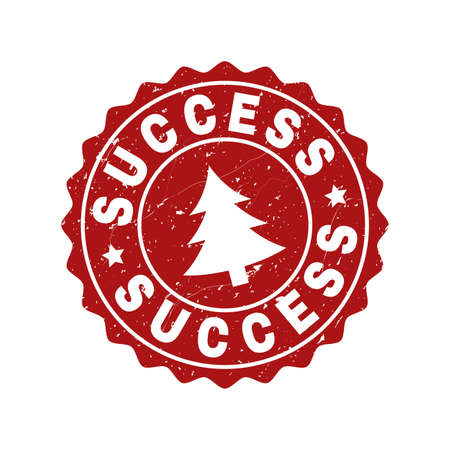 Grunge round Success stamp seal with fir-tree. Vector Success rubber seal imitation for New Year and Christmas purposes. Red colored rosette with distress style.のイラスト素材