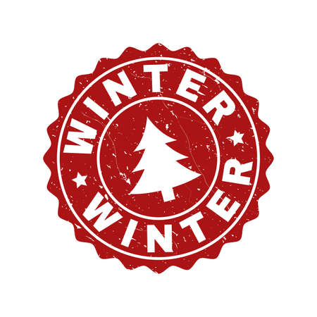 Grunge round Winter stamp seal with fir-tree. Vector Winter rubber seal imitation for New Year and Christmas purposes. Red colored rosette with grunge surface.のイラスト素材