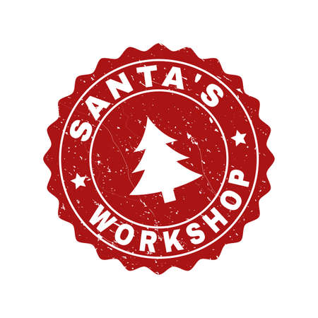 Grunge round Santa'S Workshop stamp seal with fir-tree. Vector Santa'S Workshop rubber seal imitation for New Year and Christmas purposes. Red colored rosette with grunge texture.のイラスト素材