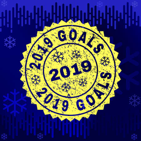 Grunge round 2019 Goals rosette stamp seal for 2019 winter. Vector 2019 Goals rubber seal imitation for New Year and Christmas purposes. Blue gradient background with snowflakes and transition effect.のイラスト素材