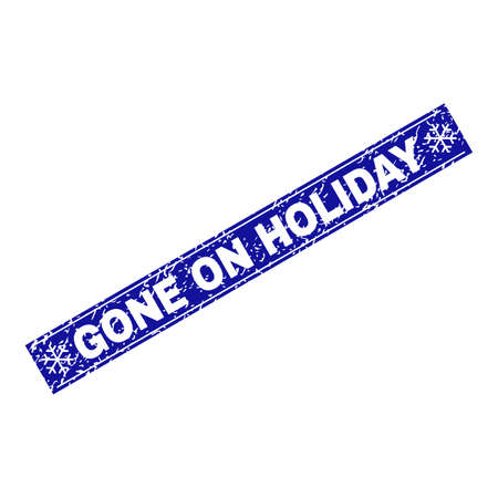 Grunge rectangle Gone on Holiday stamp seal with snowflakes and lines. Vector Gone on Holiday rubber seal imitation in winter style. Blue colored rectangle with distress style.のイラスト素材