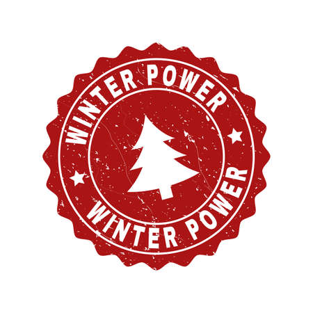 Grunge round Winter Power stamp seal with fir-tree. Vector Winter Power rubber seal imitation for New Year and Christmas purposes. Red colored rosette with grunge style.のイラスト素材