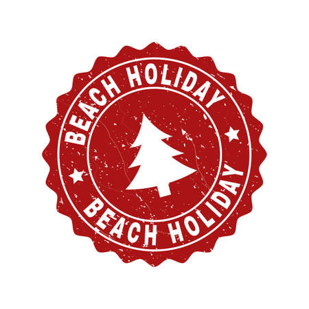 Grunge round Beach Holiday stamp seal with fir-tree. Vector Beach Holiday rubber seal imitation for New Year and Christmas purposes. Red colored rosette with grunge effect.のイラスト素材