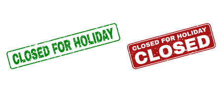 Grunge Closed for Holiday stamp seals. Vector Closed for Holiday rubber seal imitation in red and green colors. Text is placed inside rounded rectangle frames with grunge style.のイラスト素材