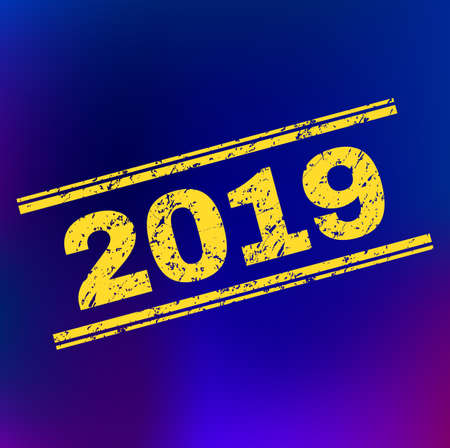 Grunge 2019 stamp seal on complex gradient background. Vector 2019 rubber seal imitation. Light yellow colored caption between double parallel lines with grunge texture.のイラスト素材
