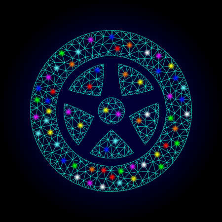 Glossy polygonal mesh car wheel icon with glare effect on a dark background. Carcass car wheel iconic vector with glowing multi colored spheres for New Year purposes. Abstract light blue mesh lines,のイラスト素材
