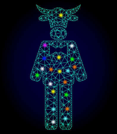 Glossy polygonal mesh bull gentleman icon with glow effect on a dark background. Carcass bull gentleman iconic vector with glowing colorful dots for Christmas posters. Abstract light blue mesh lines,のイラスト素材