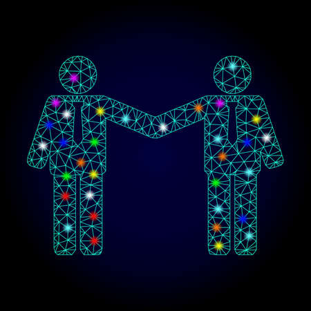 Glossy polygonal mesh businessmen relations icon with glare effect on a dark background. Carcass businessmen relations iconic vector with flash multi colored dots for New Year purposes.のイラスト素材