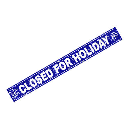 Grunge rectangle Closed for Holiday stamp seal with snowflakes and lines. Vector Closed for Holiday grunge stamp in winter style. Blue colored rectangle with distress style.のイラスト素材