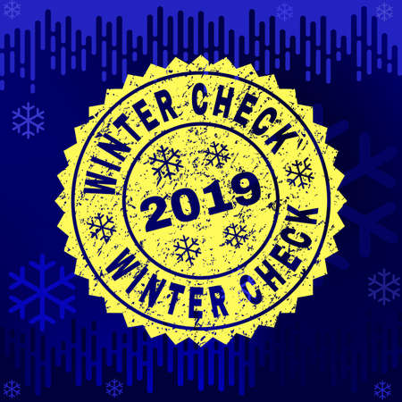 Grunge round Winter Check rosette stamp seal for 2019 winter. Vector Winter Check rubber seal imitation for New Year and Christmas purposes.のイラスト素材