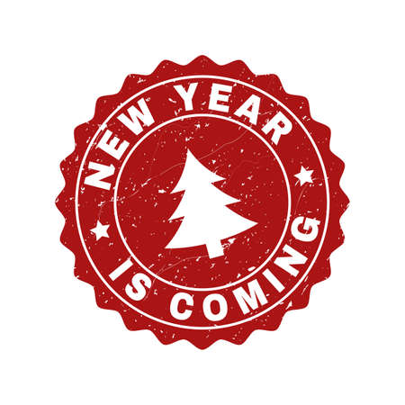 Grunge round New Year Is Coming stamp seal with fir-tree. Vector New Year Is Coming rubber seal imitation for New Year and Christmas purposes. Red colored rosette with grunge texture.のイラスト素材