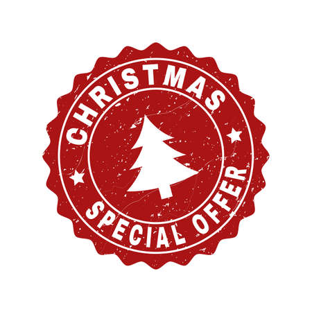 Grunge round Special Christmas Offer stamp seal with fir-tree. Vector Special Christmas Offer rubber seal imitation for New Year and Christmas purposes. Red colored rosette with grunge style.のイラスト素材