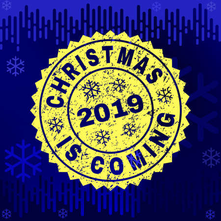 Grunge round Christmas Is Coming rosette stamp seal for 2019 winter. Vector Christmas Is Coming rubber print imitation for New Year and Christmas purposes.のイラスト素材