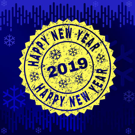 Grunge round Happy New Year rosette stamp seal for 2019 winter. Vector Happy New Year rubber seal imitation for New Year and Christmas purposes.のイラスト素材