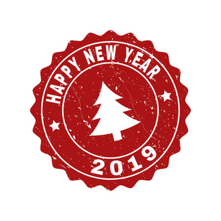 Grunge round Happy New Year 2019 stamp seal with fir-tree. Vector Happy New Year 2019 rubber seal imitation for New Year and Christmas purposes. Red colored rosette with grunge effect.のイラスト素材