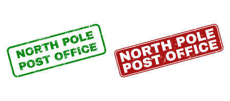 Grunge North Pole Post Office stamp seals. Vector North Pole Post Office rubber seal imitation in red and green colors. Text is placed inside rounded rectangle frames with grunge texture.のイラスト素材