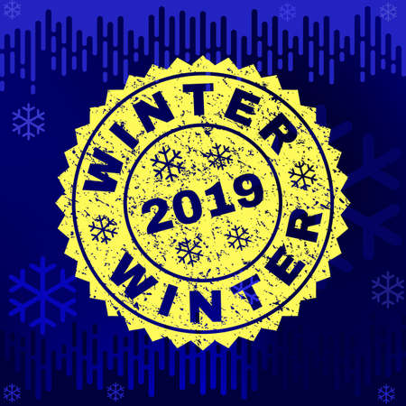 Grunge round Winter rosette stamp seal for 2019 winter. Vector Winter rubber seal imitation for New Year and Christmas purposes. Blue gradient background with snowflakes and transition effect.のイラスト素材